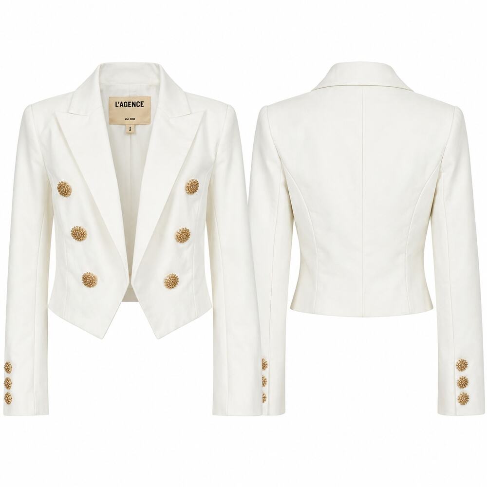 NWT LAGENCE Ivory White Crop Blazer Gold Button Double Breast Size 6 Work Blazer - Picture 3 of 10